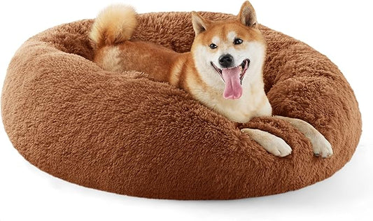 Bedsure Calming Dog Bed for Medium Dogs - Donut Washable Medium Pet Bed, 30 inches Anti-Slip Round Fluffy Plush Faux Fur Cat Bed, Fits up to 45 lbs Pets, Caramel