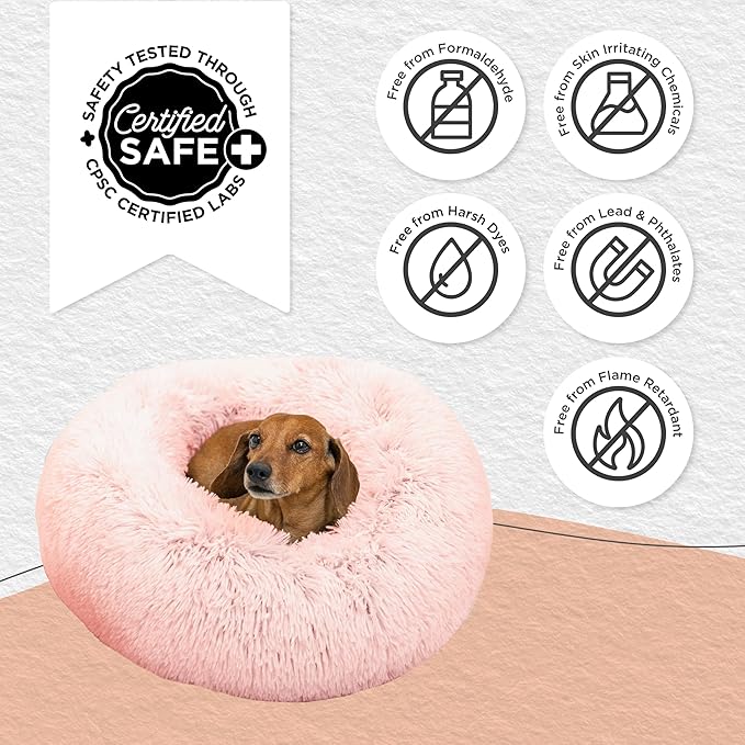 Best Friends by Sheri Original Calming Donut Dog and Cat Bed, Shag Faux Fur, Cotton Candy Pink, (23in x 23in) - Anxiety Relief for Pets Up to 25 lbs