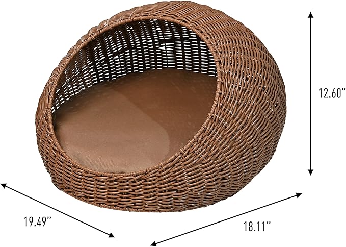 CBD3000B Fiora 19.5" x 18" Modern Circular Faux Wicker Pet Bed with Machine-Washable Cushion, Cat Beds for Indoor Cats, Brown