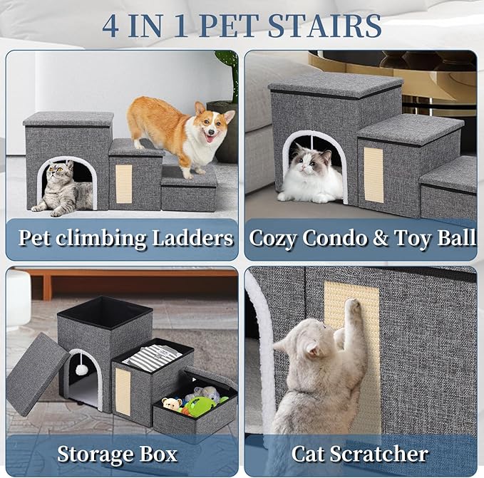 Upgrade XL Dog Stairs for Bed and Couch, 35.5"L x 13.8"D x 17"H, Foldable Dog Steps with Wider Stairs, Large Condo, Storage Space, Pet Stairs Steps for Cats, Small/Older Large Dogs, Hold Up to 180lbs