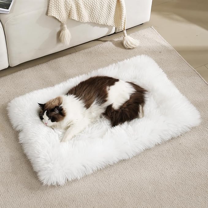 Fluffy Dog Cat Bed Mat 19.6x31.4 inch, Washable Soft Plush Faux Fur Warm Area Puppy Pads Blanket for Indoor Pet Sleep Cushion White