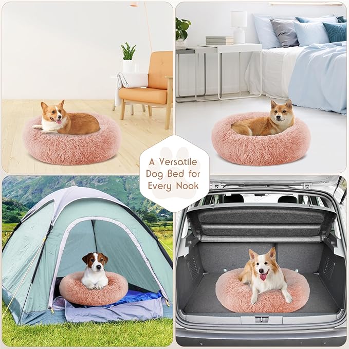 Calming Donut Dog Bed Medium Size Removable Cover + 2 PCS Cooling Rattan Pet Mat, Fluffy Comfort Anti-Anxiety Washable Round Pets Bed with Double-Sided Cool Pad for Medium Dogs/Cat, 31" Pink