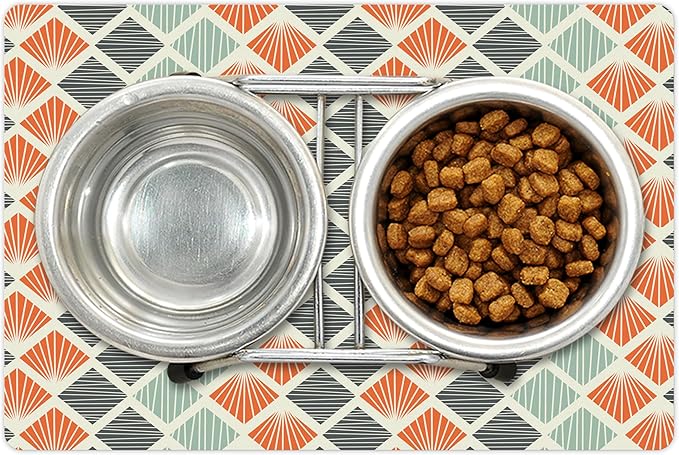 Lunarable Geometric Pet Mat for Food and Water, Pop Art Style Retro Rhombus Fractal Stripes Nostalgic Graphic Print, Non-Slip Rubber Mat for Dogs and Cats, 18" X 12", Green Orange
