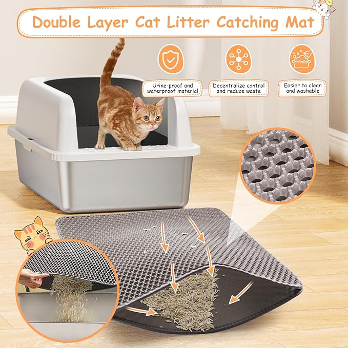 2 Pack Stainless Steel Litter Box witn High Sides, Extra Large cat Litter Box with Lid, Metal Litter Boxes for Multiple Cats, Anti-Leakage,Non-Stick, Easy to Clean, Included Cat Litter Mat, Scoop