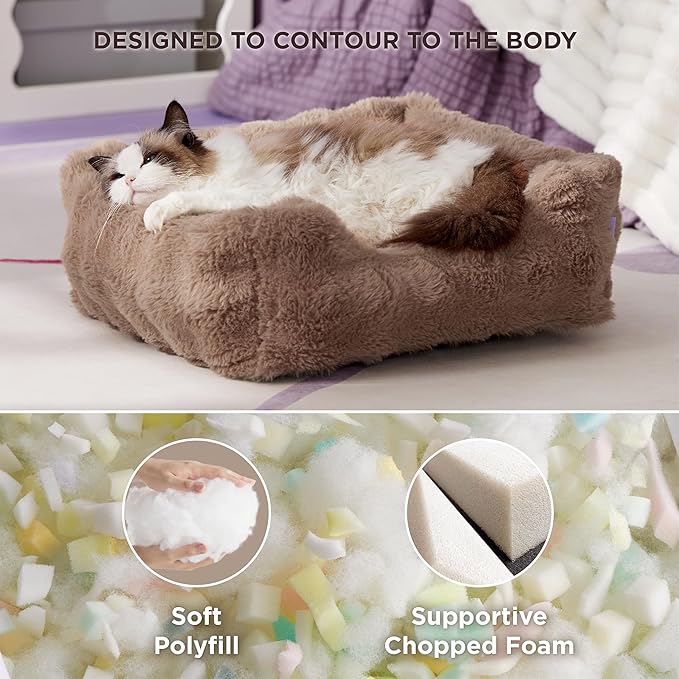 Lesure Fluffy Dog Beds for Puppy&Kitten- Orthopedic Rectangle Calming Pet Sofa,Fluffy Plush Bubble Bolster Cat Bed with Removable Washable Cover and Nonskid Bottom,20x19x6inches,Brown