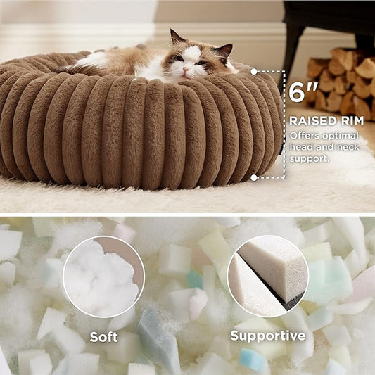 Bedsure Cat beds for Indoor Cats - Donut Dog Beds for Small Dogs with Corduroy Fleece & Anti Slip Bottom, Faux Fur Pet Beds with Washable Removable Cover, Copper Brown, 20x20x6 inches