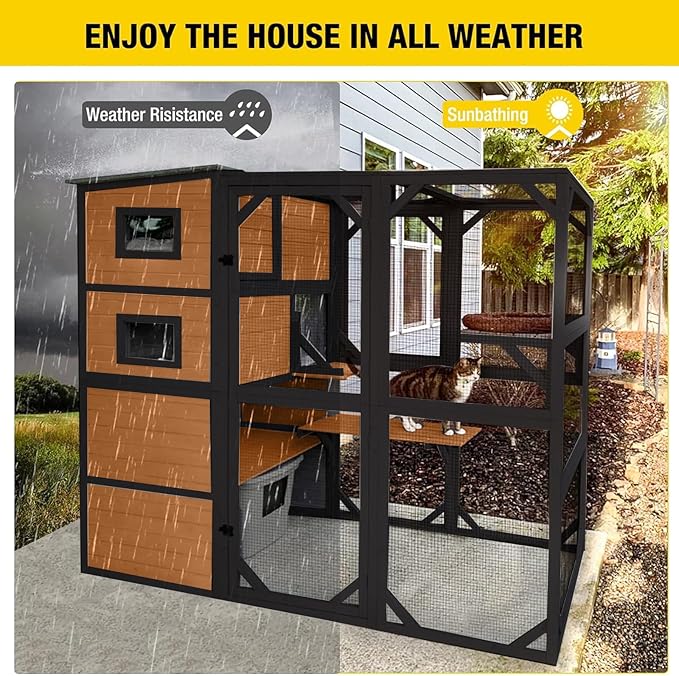 Aivituvin Large Cat Catio 4 Tiers Cat Enclosures House for Outdoor Indoor Cats with Weatherproof Roof, 3 Resting Rooms, 3 Platforms, 5 Windows 70" H 77" L