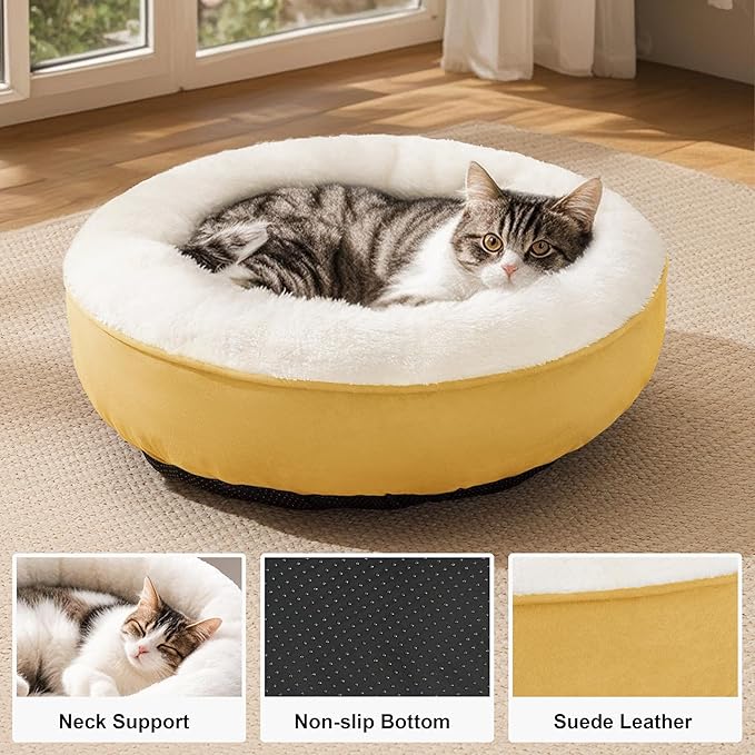 Love's cabin Yellow Round Donut Cat Bed, 20x20in, Soft Durable Fabric, Anti-Slip Water-Resistant, Washable Pet Bed