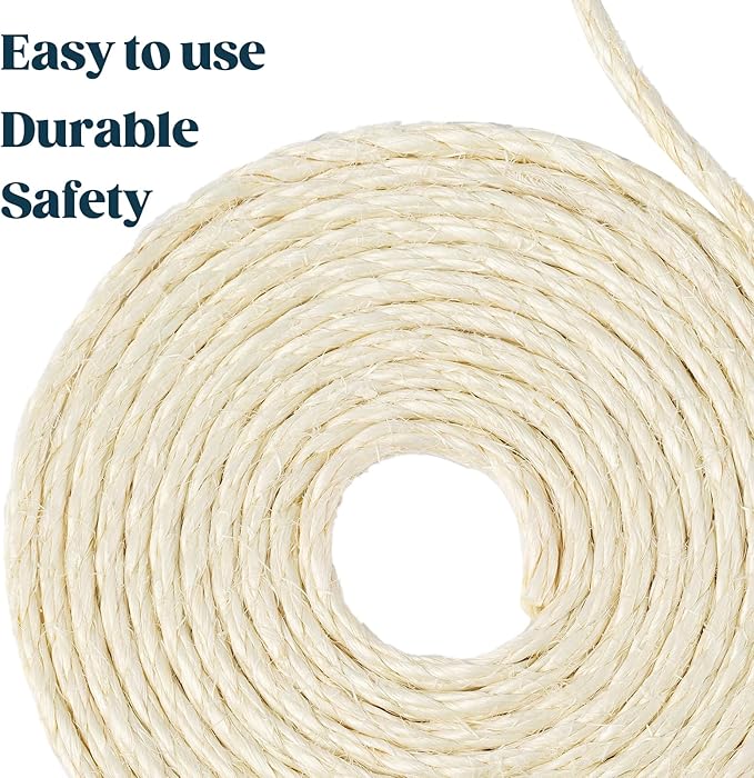 Natural Sisal Rope for Cat Scratcher 1/4 Inch by 100 Feet, Cat Tree Rope Twine for Cat Scratching Post Replacement, Cat Tower with Scratch Post Repairing, Replace, Recovering and DIY, White