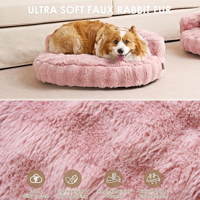 EHEYCIGA Medium Dog Bed and Large Cat Couch – Fluffy Faux Rabbit Fur Pet Sofa for Small and Medium Dogs, Washable Removable Cover, Waterproof and Non-Slip, 30 Inch, Pink