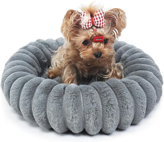 Kitten Beds for Indoor Cats - Soft Cozy Small Cat Bed Washable 16 Inches,Calming Anti-Slip Round Fluffy Plush Faux Fur Pet Bed for Puppy and Kitten up to 5 lbs,Warm Grey