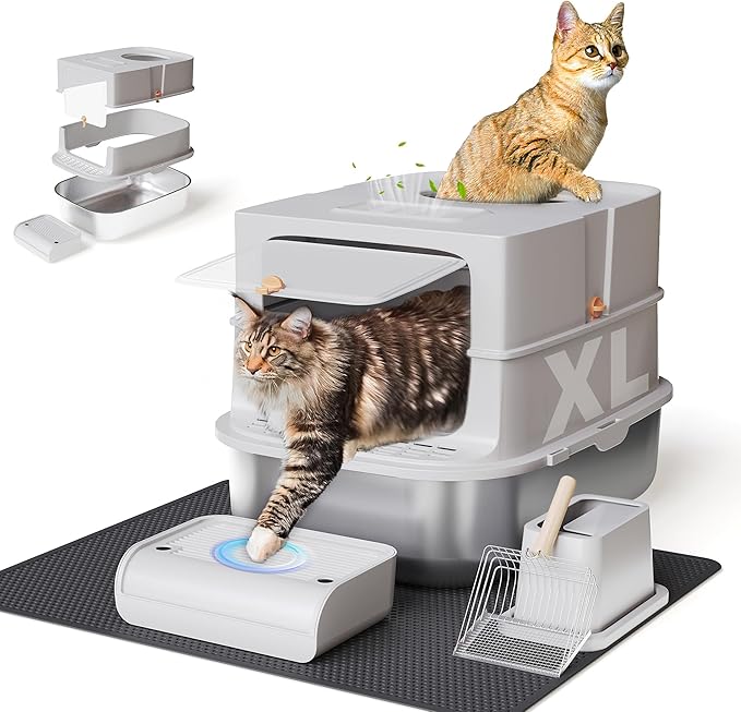 Jalove Stainless Steel Cat Litter Box with Lid, XL Extra Large Metal Litter Box for Big Cat, Covered Enclosed Kitty Litter Boxes, High Sided Enclosure with Scoop & Mat, Easy Cleaning, Light Gray