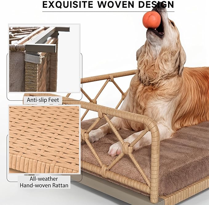 Dog Bed with Cushion, Cooling Elevated Raised Beds with Rattan Breathable Mesh and Universal Mat, Indoor & Outdoor Pet Cots for Large Dog, Brown