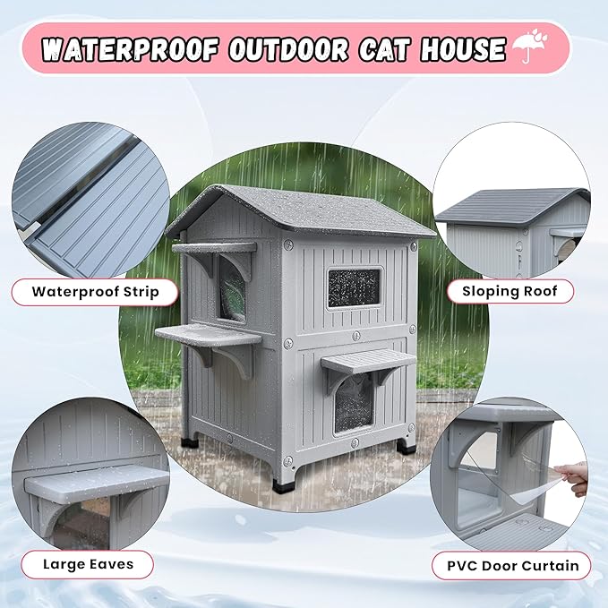 Waterproof Cat House for Outdoor Cats, Plastic 2 Story Insulated Outdoor Cat House with Soft Mat & Escape Door, Sturdy Cat Houses for Outdoor Cats, Easy to Clean-Grey