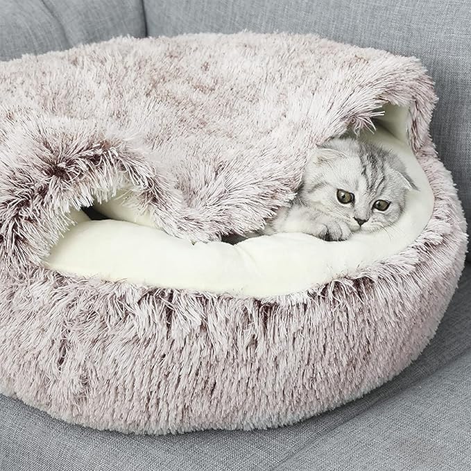 ShinHye Cozy Cat Bed - Round Plush Fluffy Hooded Cave, Indoor/Outdoor, Waterproof & Washable (20x20inch, Coffee)