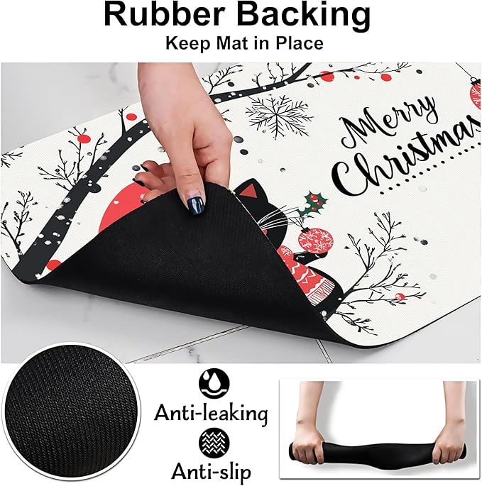 Christmas Black Cat Pet Feeding Mat-Quick Dry Absorbent Dog Cat Food Mat, Anti-Slip Water Bowl Mats for Messy Eaters-No Stains Indoor Pet Accessories 12"x20"