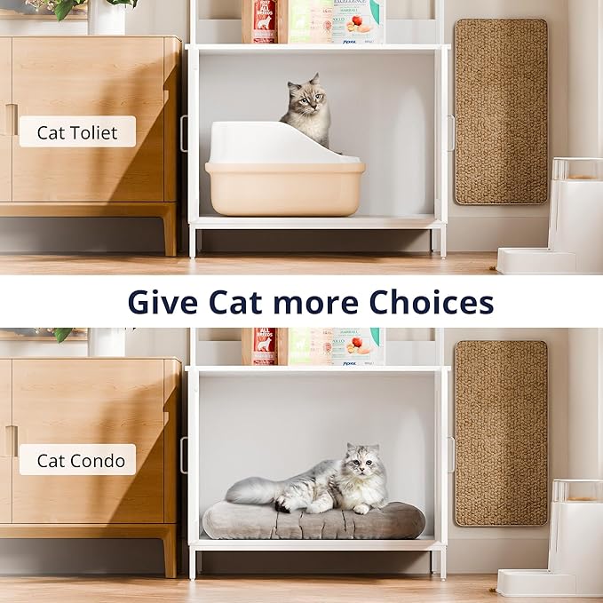 Cozy Castle Litter Box Enclosure, 57'' Cat Litter Box Furniture with Large Cabinet, Shelves, Hidden Cat House for Most of Litter Boxes, Wooden Pet Washroom Indoor, White, No-Hook