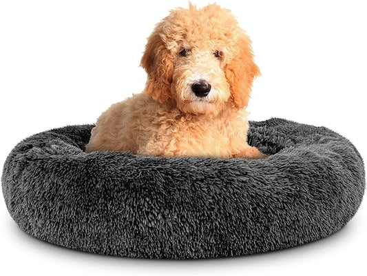 The Dog's Balls Sound Sleep Donut Dog Bed, Grey Plush Large Removable Cover Calming Nest Bed, Veterinary Approved