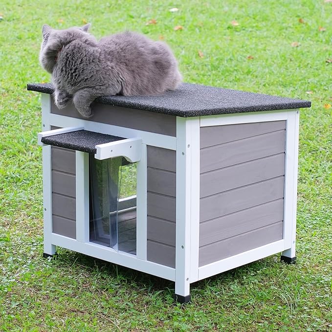Cat House Outdoor/Indoor All-Weather Wooden Shelter with Openable Asphalt Roof for Feral Cats & Small Animals