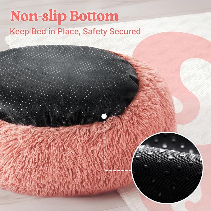 rabbitgoo Dog Bed for Small, 24 inches Machine Washable, Fluffy Donut Pet Bed Anti-Slip, Calming Soft Plush Round Cushion, Fits up to 18 lbs Pets, Pink