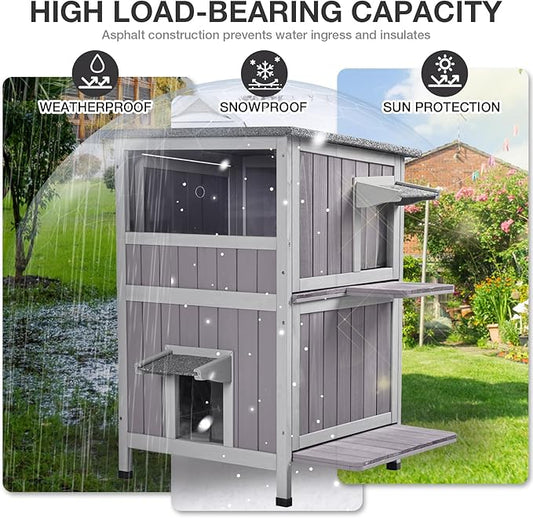 Heated Outdoor Cat House Insulated, 2-Story Outside Feral Cat Shelter with Weatherproof Roof and 2 Escape Doors, Kitty Condo with Heating Pad and Insulated Liner in Winter
