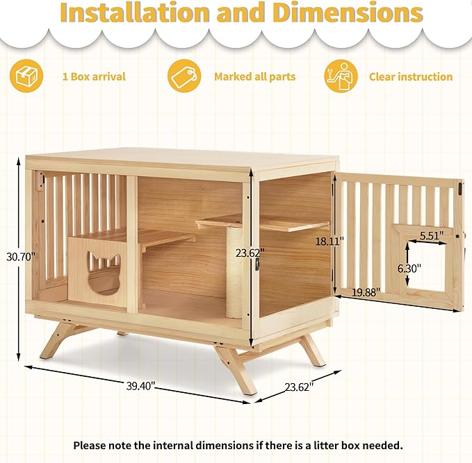 Lovupet Wooden Cat House Villa, TV Shape Luxury Cat Condo with Scratching Post and Escape Door, Kitten Cage Indoor CT55