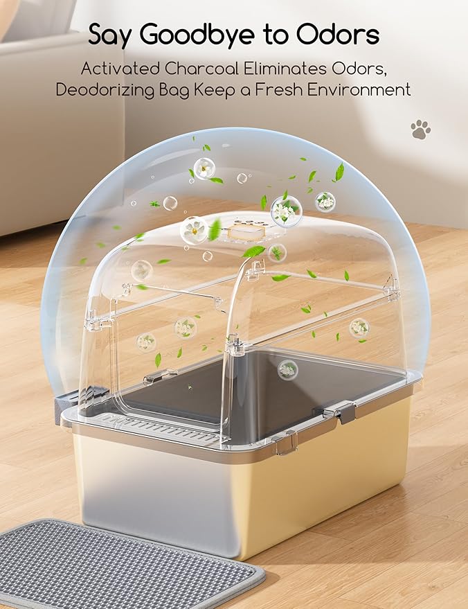 Meowant Stainless Steel Cat Litter Box, Extra Large 3-in-1 Enclosed Open Top Metal Litter Box with Lid, Odorless Cat Litter Pan with High Sides for Big Cats, Non-Sticky, Anti-Leakage, Easy Cleaning