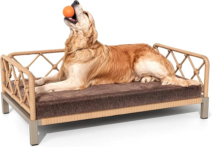 Dog Bed with Cushion, Cooling Elevated Raised Beds with Rattan Breathable Mesh and Universal Mat, Indoor & Outdoor Pet Cots for Large Dog, Brown