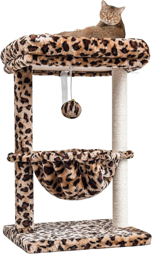 SYANDLVY Small Cat Tree for Indoor Cats, Unique Leopard Print Cat Tree Tower for Kitties, Condo Furniture with Hammock & Sisal Scratching Posts