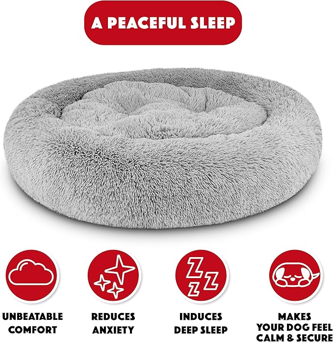 The Dog’s Bed Sound Sleep Donut Dog Bed, XL Silver Grey Fur Calming Nest Bed Removable Cover, Veterinary Approved