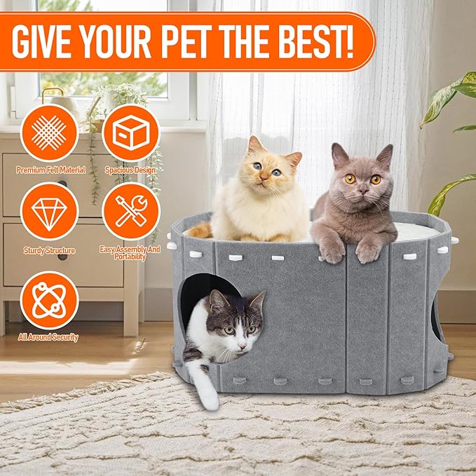 Cat House for Indoor Cats, Double Layer Cat Bed Cave, Large Space Cat Enclosed Bed for Home, Easy Assembly (Grey, Large)