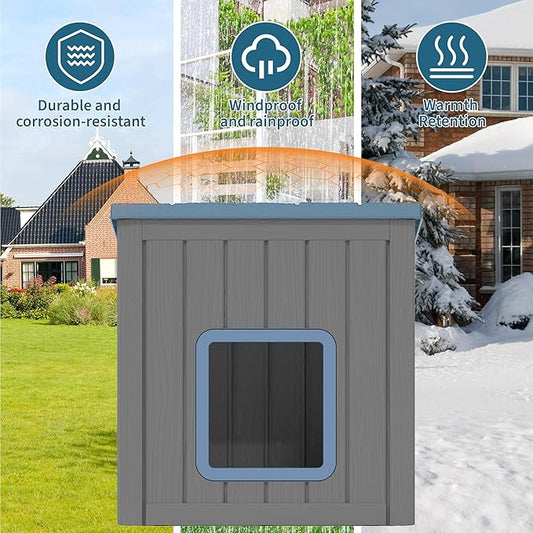 NUNU Outdoor Cat House – Weatherproof & UV Resistant PP Material Shelter with Sloped Asphalt Roof, Durable Cat Condo for Garden, Patio, and Backyard (Blue, Large)