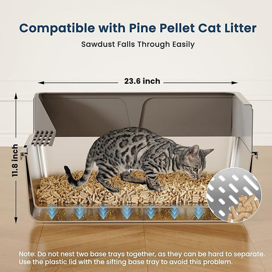 23.6" x 15.7" x 11.8" TIUUBT Stainless Steel Sifting Litter Box for Pine Pellets, Large Sifting Cat Litter Box with Sifter, High Side for Big Cats, Anti-Leakage, Odor Control, Includes Scooper