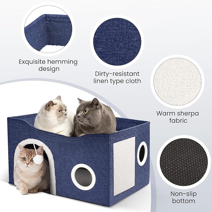 Heeyoo Cat House for Indoor Cats - Large Cat Bed Cave with Fluffy Ball and Scratch Pad, Foldable Cat Houses & Condos, Cat Cubes, Cat Hideaway, Covered Cat Bed for Multi Small Pet Large Kitty