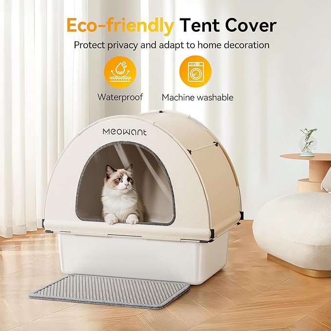 Meowant Stainless Steel Cat Litter Box, Extra Large 3-in-1 Covered Litter Box with High Sided Oxford Fabric Cover & Extendable Litter Scoop, Leakproof, Odor Resistant, Non-Sticky, Easy Cleaning