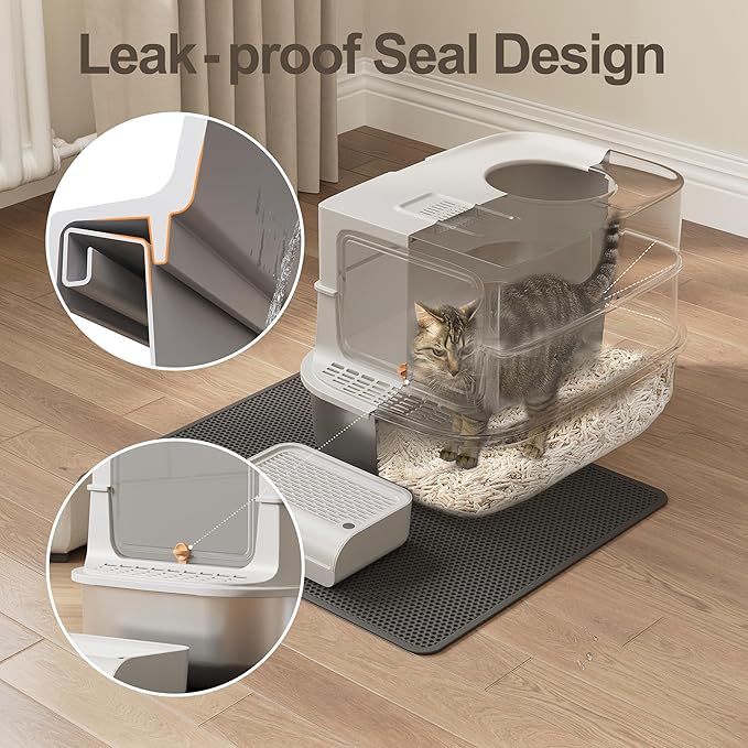 Jalove Stainless Steel Cat Litter Box with Lid, XL Extra Large Metal Litter Box for Big Cat, Covered Enclosed Kitty Litter Boxes, High Sided Enclosure with Scoop & Mat, Easy Cleaning, Light Gray