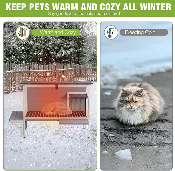 GUTINNEEN Heated Cat House for Outside Insulated Cat House Outdoor Weatherproof Feral Cat Shelter with Heated Pad, All-Round Thermal Liner, Secure Escape Doors for Cats (Winter-Ready)