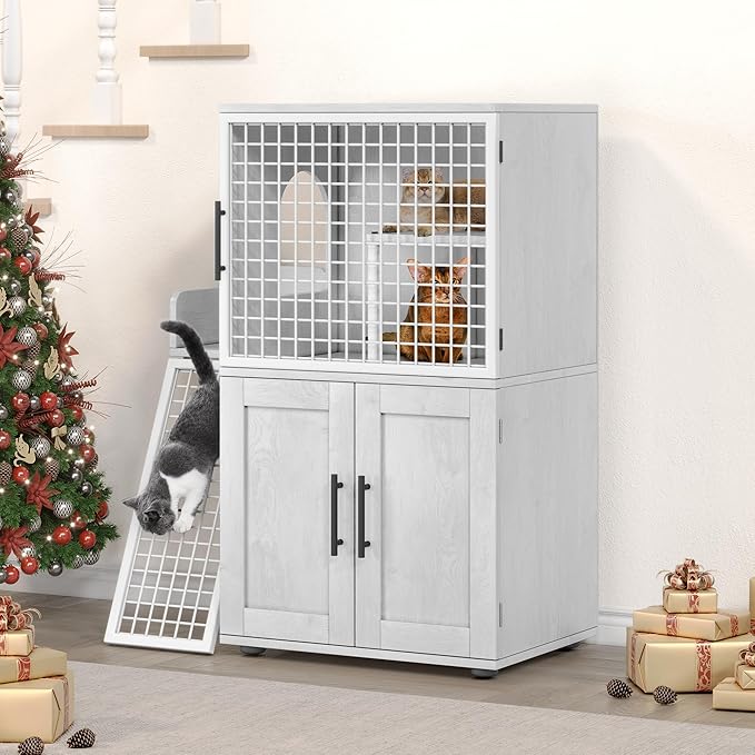 Cat Litter Box Furniture, Modern Cat Cabinet with Side Door, Double Layer Hidden Litter Box Enclosure & Pet House, Villa Style Cabinet with Side Door and Ladder for Indoor Cats