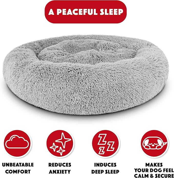 The Dog's Balls Dog Bed, Large Silver Grey Fur Calming Nest Bed, Veterinary Approved