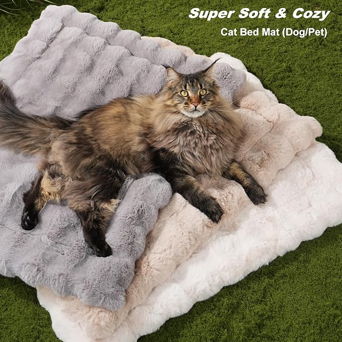Cat Beds for Indoor Cats Faux Fur Pet Mat Cute Kitten Plush Bed with Non-Slip Bottom for Carriers/Sofa Dog & Puppy Friendly 35 x 27 Inch Green