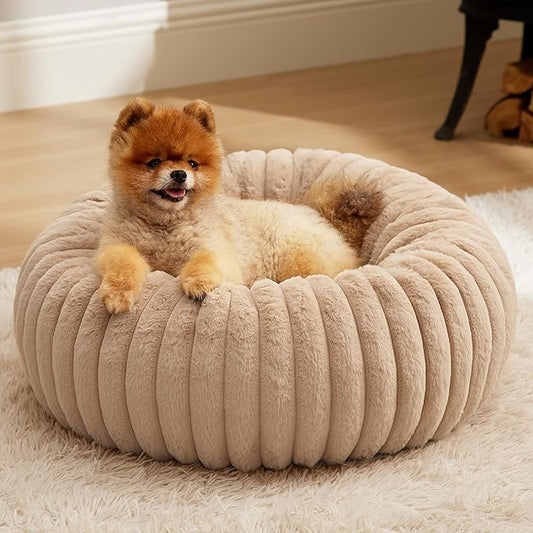 Bedsure Donut Small Dog Bed - Dog Beds for Small Dogs with Corduroy Fleece & Anti Slip Bottom, Round Faux Fur Pet Beds with Washable Removable Cover, Sandy Tan, 23x23x7 inches