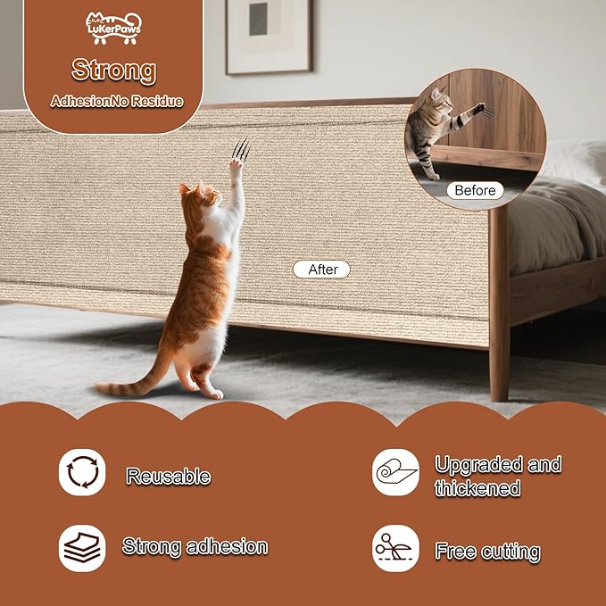 Cat Scratch Mat, Self-Adhesive Trimmable cat Scratch Furniture Protector for Couch, cat Scratch pad，cat Tree，DIY Climbing Carpet for Cat Tower Replacement Pads (Khaki, 78.7" x 15.8")