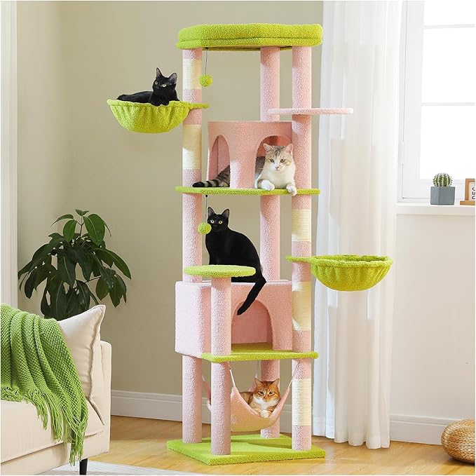 PAWZ Road Tall Cat Tower, 70 Inch Cat Tree with Hammock, 5 Scratching Posts, 2 Condos and a Large Top Perches for Large Cats-Pink