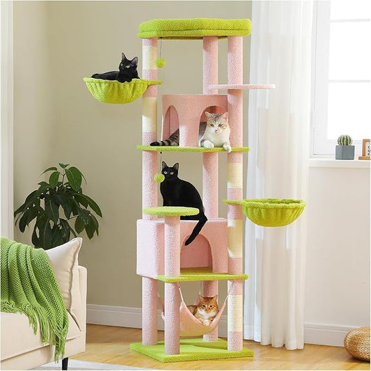 PAWZ Road Tall Cat Tower, 70 Inch Cat Tree with Hammock, 5 Scratching Posts, 2 Condos and a Large Top Perches for Large Cats-Pink