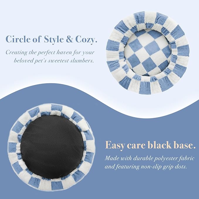 Checkered Dog Bed, Cute Blue Retro Style Aesthetic Round Warming Pet Calming Beds for Small Dog and Cats, Plush Cozy Donut Dog Beds Washable, 30" L x 30" W x 8" Th