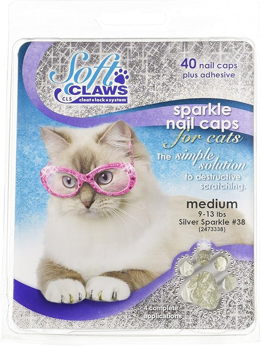Soft Claws Nail Caps for Cats with Cleat Lock System - 40-Pack Cat Claw Caps for 4-6 Weeks of Protection - Long-Lasting Cat Scratch Deterrent for Furniture - Silver Sparkle, Medium