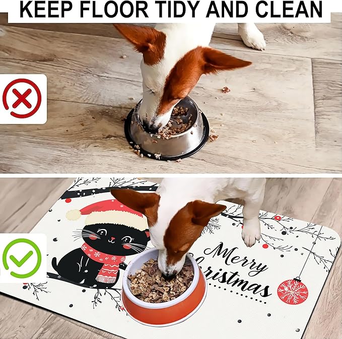 Christmas Black Cat Pet Feeding Mat-Quick Dry Absorbent Dog Cat Food Mat, Anti-Slip Water Bowl Mats for Messy Eaters-No Stains Indoor Pet Accessories 16"x24"