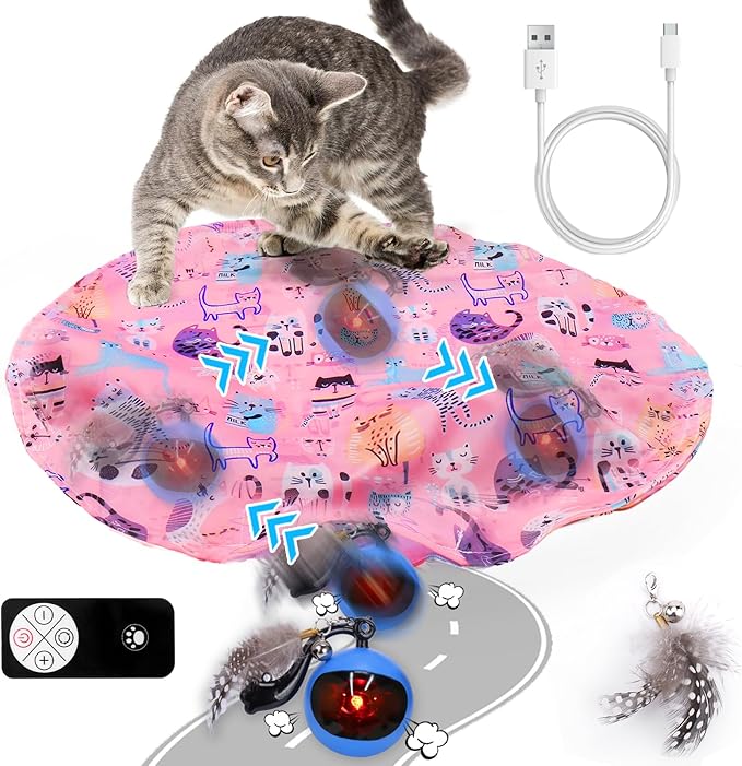 Mity Rain Interactive Cat Toy - Ball for Indoor Jumping and Rolling in Pouch, Hide and Seek Mat for Self Play, Boredom Relief and Activating Natural Hunting Instincts - Kitten Toys