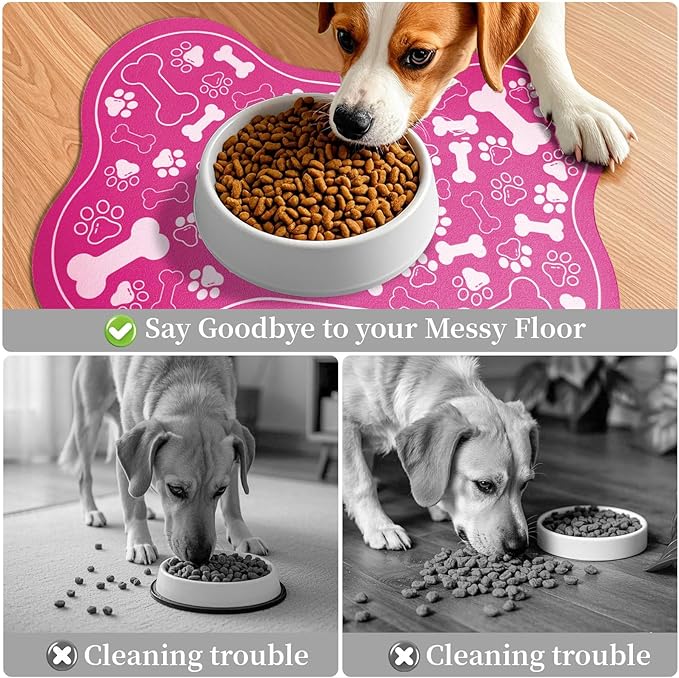 Dog & Cat Food Mat Bone Shaped Pet Feeding Mat Quick Absorb Water Bowl Placemat with Rubber Backing Indoor Floor Stain Resistant Pet Accessory Supplies (Pink Small, 12x18 Inches)
