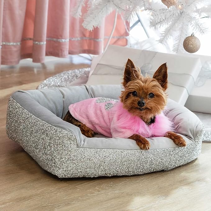 Pet Bed, Sparkling Rhinestones, Soft, Comfortable Velvet, for Lounging Dogs, Cats, Pets, Silver, Small, Sold Individually